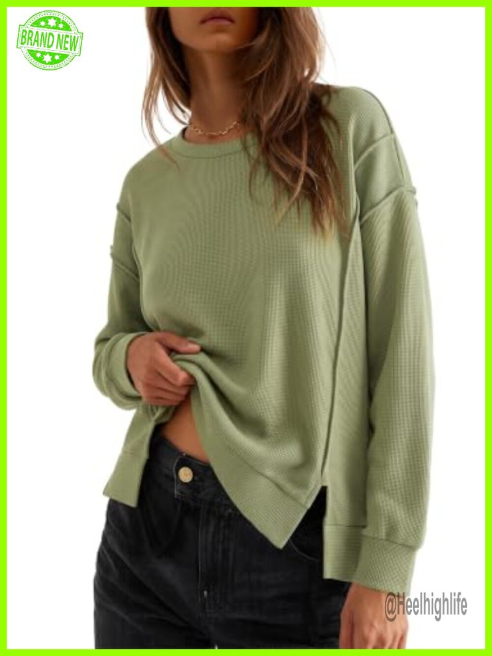 Waffle Knit Sweatshirt Crewneck Long Sleeve Loose Fit Pullover
